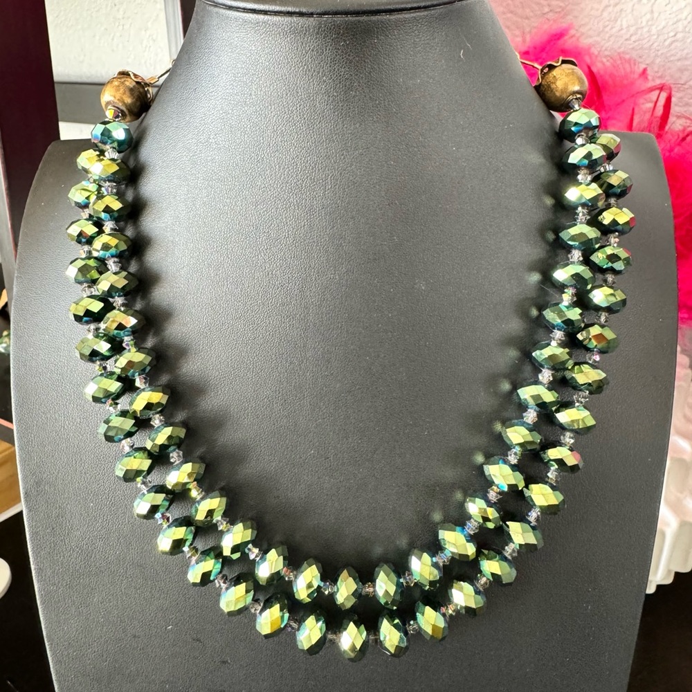 Vintage Green Crystal Beaded Necklace with 925 Hardware